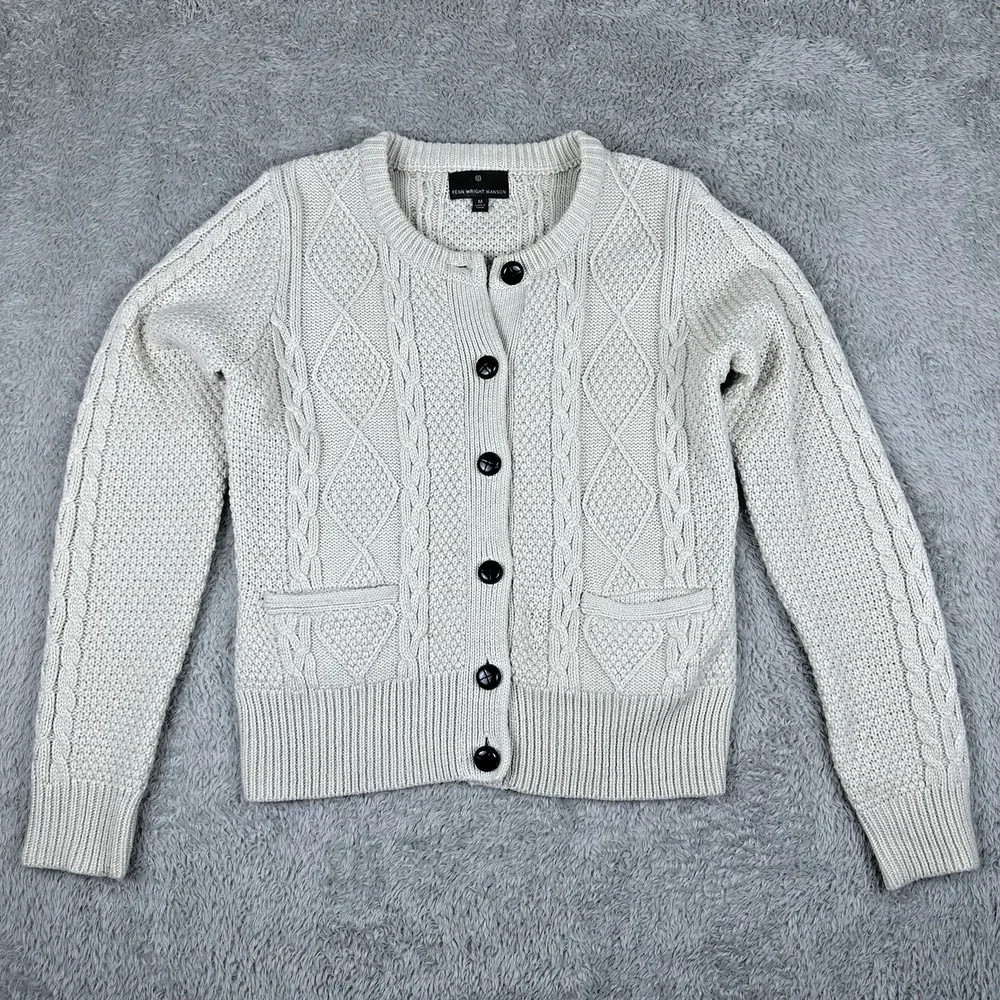 Fenn Wright Manson Cable Knit Cardigan Women's M‎ Ivory Wool Blend Elbow Patches